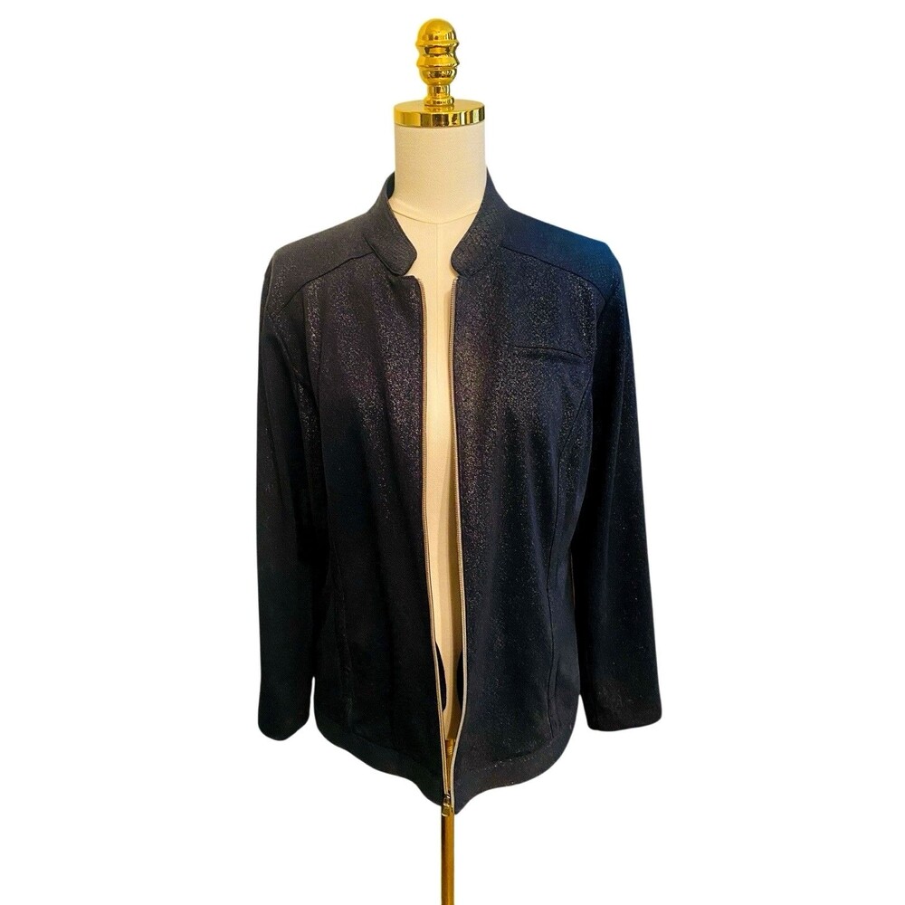 Chicos Metallic Jacket 2 Large Navy Blue Full Zip Pockets Stretch